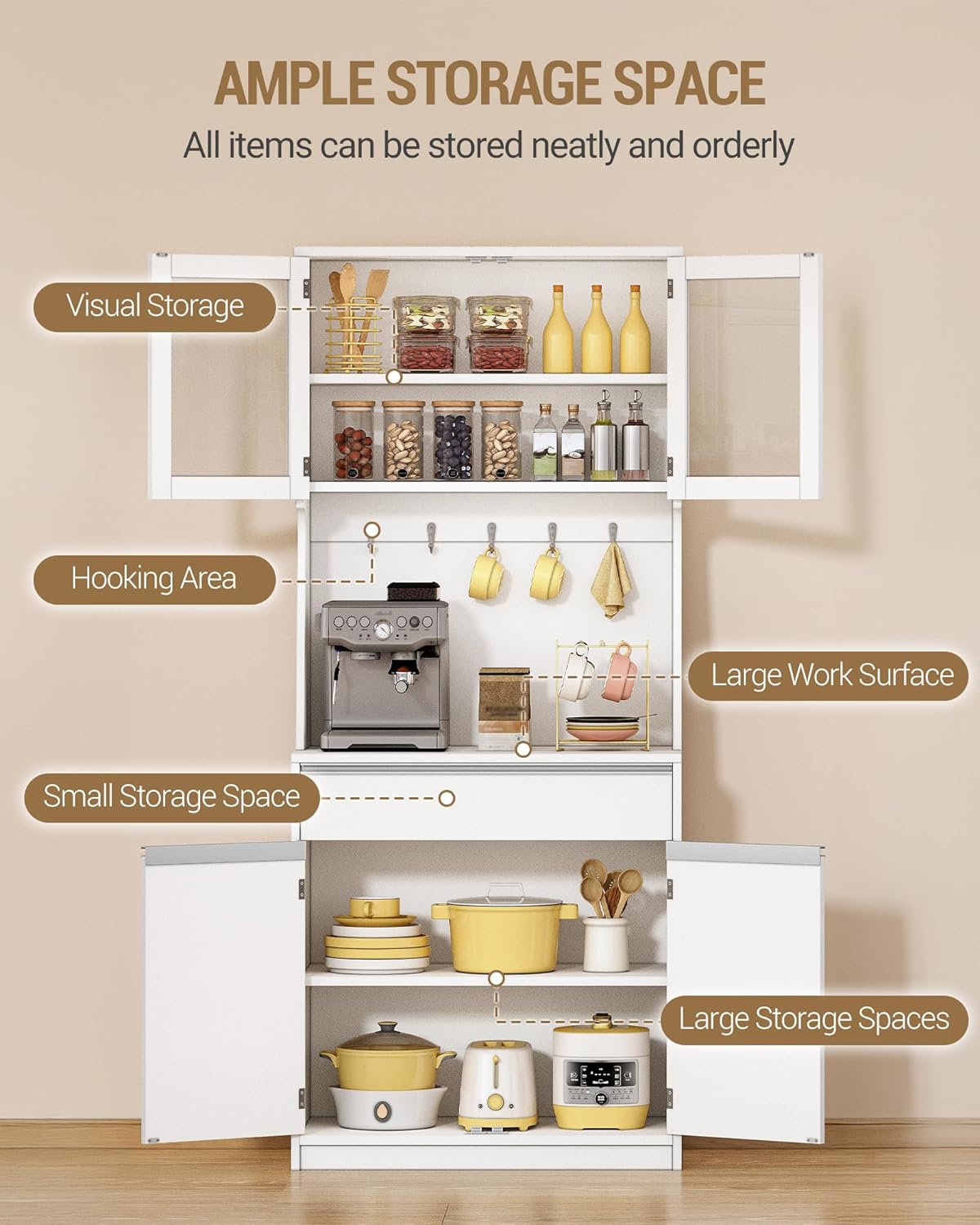 Hzuaneri Kitchen Cabinet, Buffet Cabinet, Tall Cabinet with Worktop and 4 Storage Compartments, Adjustable Shelves, Suitable for Kitchen or Living Room, 40 x 75 x 180 cm, Hemp White, PT40003XV1