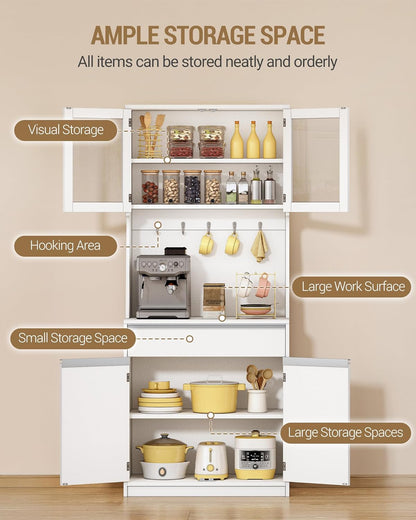 Hzuaneri Kitchen Cabinet, Buffet Cabinet, Tall Cabinet with Worktop and 4 Storage Compartments, Adjustable Shelves, Suitable for Kitchen or Living Room, 40 x 75 x 180 cm, Hemp White, PT40003XV1