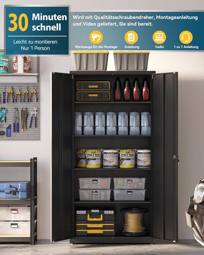 Metal cabinet with key, 5 shelves for office, garage and storage space, Black - QUORE