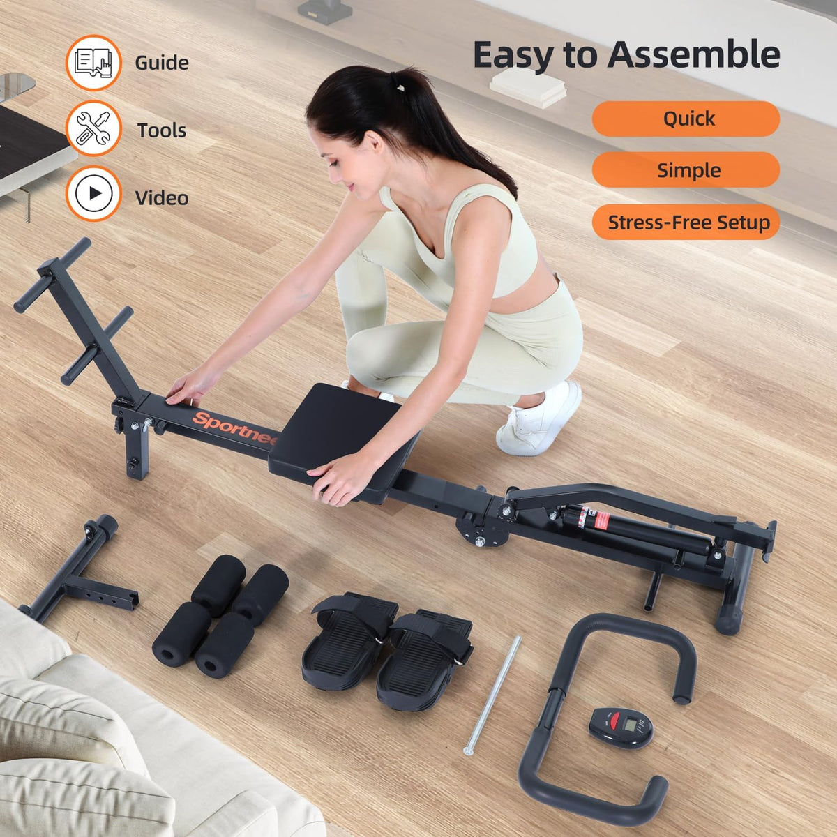 Rowing Machine for Home, Sportneer Hydraulic Rowing Machine Foldable with 12 Resistance Levels, Fitness Device for Home, Abdominal Trainer with U-Handle & Backrest, Maximum Load 135 kg - QUORE