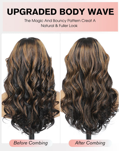 Gelaagde Curtain Bangs Pruik van Echt Haar 1B/30 Zwart-Bruin – Lijmloze Pruik – Lace Front Pruik – Menselijk Haar Pruik – Body Wave Pruik – 6x6 HD Lace – 200% Dichtheid