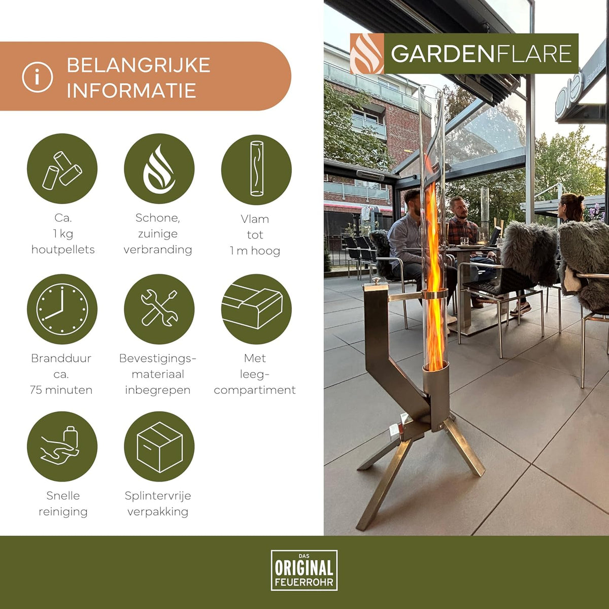 Fire tube, stainless steel fire column and pellet torch for a great atmospheric fire, elegant patio heater and garden fireplace, alternative to your patio and garden, silver - QUORE