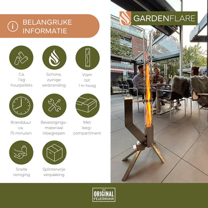 Fire tube, stainless steel fire column and pellet torch for a great atmospheric fire, elegant patio heater and garden fireplace, alternative to your patio and garden, silver - QUORE