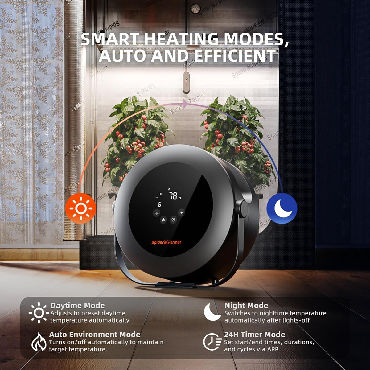Spider Farmer Ventilatorkachel, 540 W, intelligente temperatuurregeling, energiebesparend, stil, 4 modi en 24 uur timer, 10 PTC-verwarming en ventilatiebuis, geschikt voor plantenruimtes en