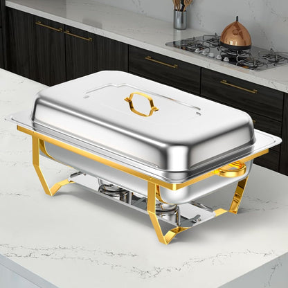 Chafing Dish – Buffetwarmer – Warmhoudplaat – Warmhoudschaal – Warmhoudbak – 6-delig – Goudkleurig Roestvrij Staal – Rechthoekig