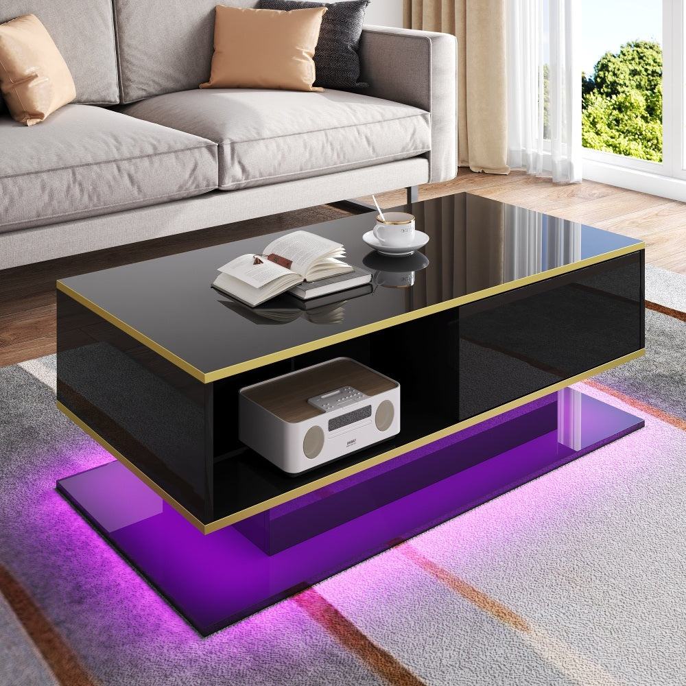 This Elegant and Minimalist Modern Coffee Table Features a High-gloss Finish, Is 100cm Long, Has Golden Trim, and Three Drawers for Storing Household Items and Books. Suitable for Kitchens, Living Rooms, and Bedrooms, It Come