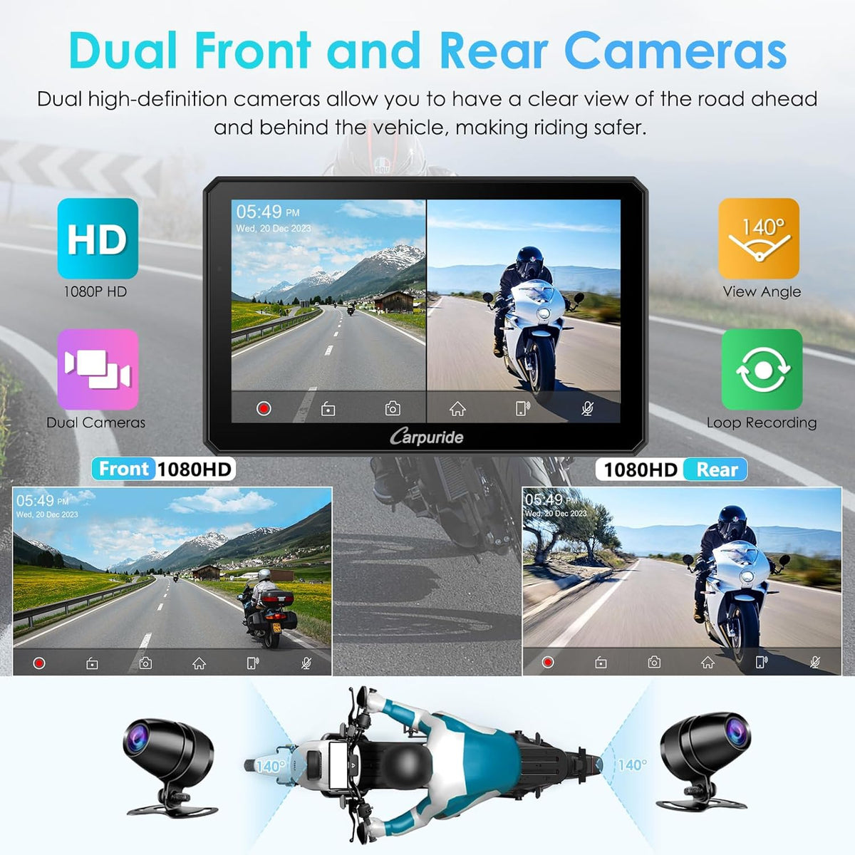 Motorfiets Carplay Scherm – Motor GPS Display – Motor Touchscreen – Draadloze Smartphone Integratie – Motor Dashcam Systeem – 7 Inch Waterdicht IPS Touchscreen – Dubbele 1080P HD Dashcams Voor en Achter
