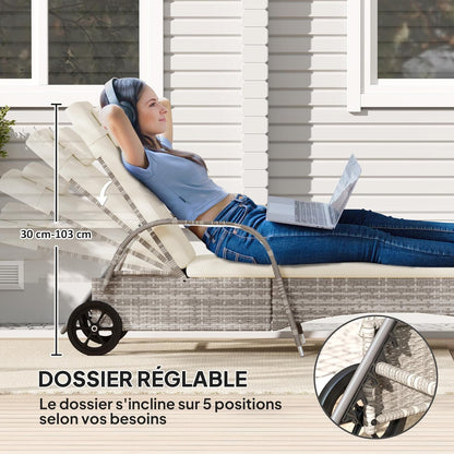 Outsunny Sun lounger lounger for sun lounger, great comfort: mattress, headrest, adjustable inclination, multiple positions, armrests, polyrattan wheels, light grey