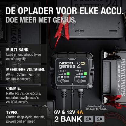 NOCO GENIUS2X2, 4A 2-Bank Automatische Oplader (2A per Bank), 6V en 12V Batterijlader, AGM, SLA, Gel en Lithium Auto-Acculader, Onderhoudslader, Druppellader en Desulfator - Auto, Motorfiets, ATV, RV