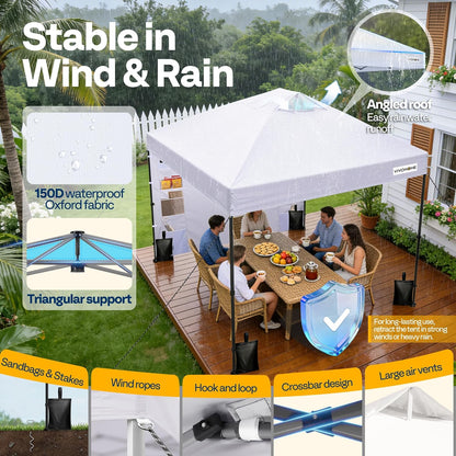 VIVOHOME 3x3m Pop-up Paviljoen met Zijwand, Opvouwbaar Tuinpaviljoen met Ventilatie, in Hoogte Verstelbaar, Inclusief Draagtas en 4 Zandzakken voor Buitengebruik Markt Tuin Erf