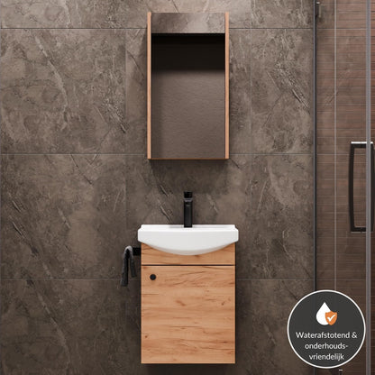 Planetmöbel bathroom cabinet set Washbasin with vanity unit 45 x 60 x 33 cm with mirror cabinet 40 cm for bathroom & guest toilet, gold oak - QUORE