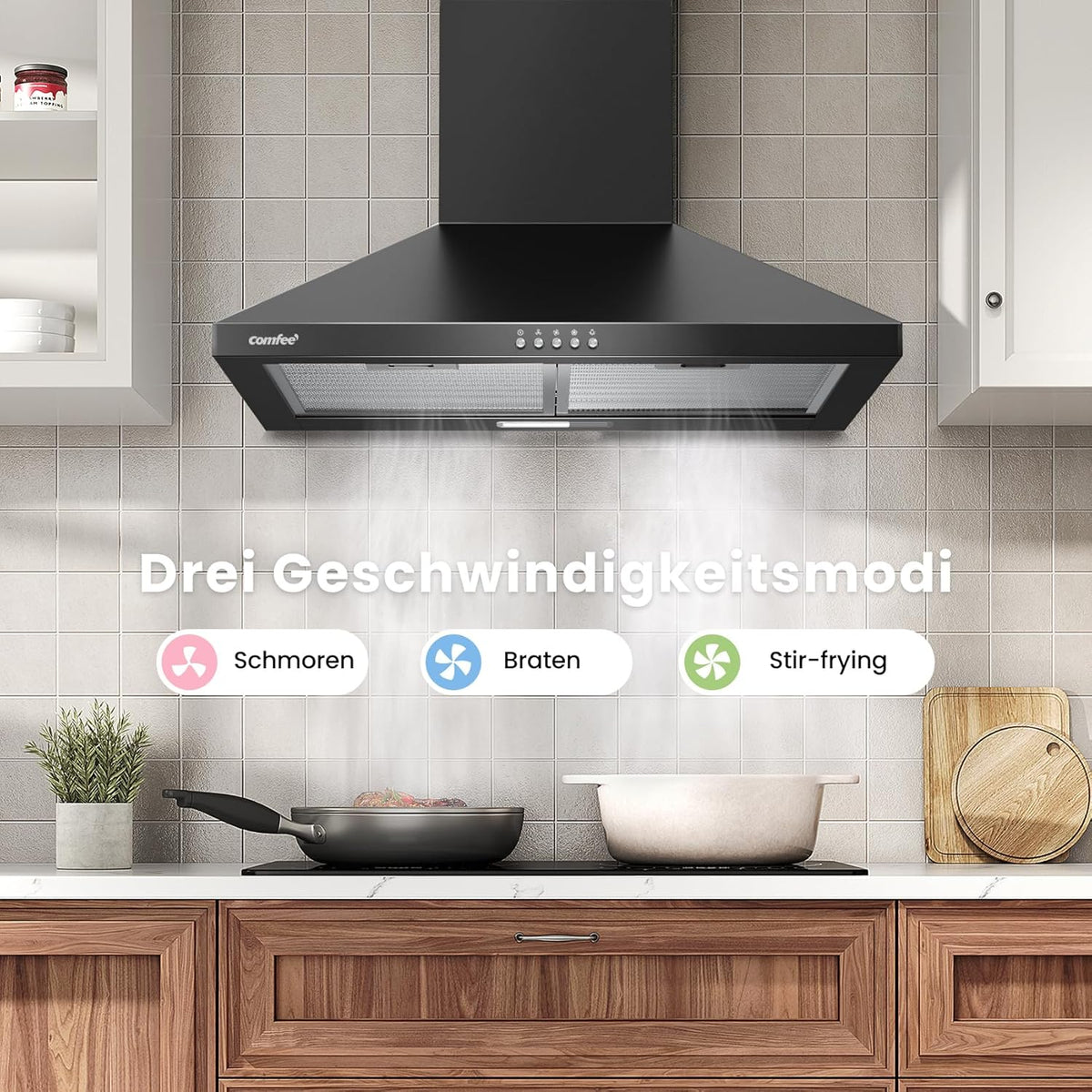 COMFEE CH60A17EM400B Afzuigkap, 60 cm convectie en afvoerlucht, wandkap met actieve koolfilter, 400 m³/u luchtstroom, 5 lagen, wasbaar vetfilter, instelbare open haard, zwart
