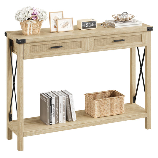 Sidetable – Consoletafel – Haltafel – Wandtafel – Bijzettafel – Smal ontwerp 118x78x37 cm – Hardhout en rattan