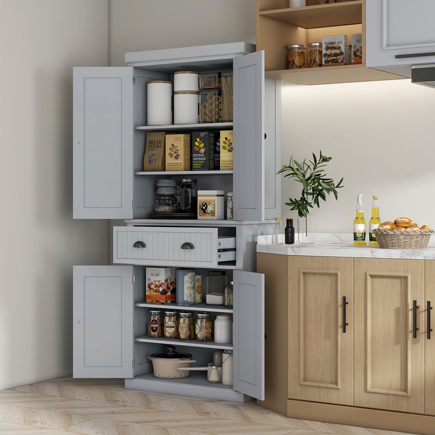 Keukenkastje – Opbergkast – Buffetkast – Keukenkast – Keukenmeubel – Grijs Met Zwarte Grepen – 2 Kasten Met 4 Deuren – Grote Lade – Verstelbare Planken – MDF En Spaanplaat – Modern Design – 76,2x40,2x183 cm