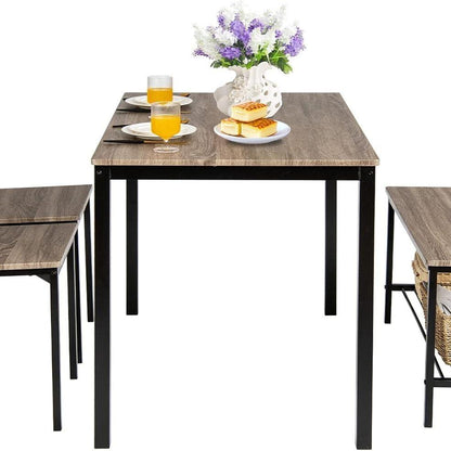 4-delige Eettafelset – Eettafel Met Stoelen – Bank Met Opbergruimte – Industriële Eetkamer Set – Grijs – Ruimtebesparend Ontwerp – Stevig Metalen Frame