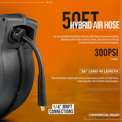 SuperHandy Luchtslanghaspel Intrekbare Veeraangedreven Polypropyleen Heavy Duty Industrieel 3/8 "x15m Lang Premium Commerciële Flex Hybride Polymeer Slang voor Binnen Buiten Gebruik met Lood in Slang & PVC Handgreep