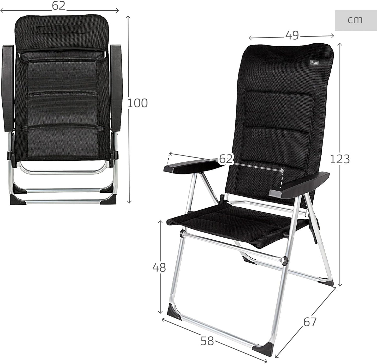 AKTIVE Set van 2 klapstoelen, 5 posities, zwart, voor terras, balkon, erf of tuin, 49 x 67 x 123 cm, van aluminium en polyester, gevoerd, kantelbeveiliging, max. 110 kg, klapstoelen, 85475