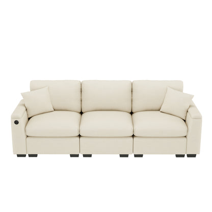 3-Zits Bank – Hoekbank – Slaapbank – Loveseat – Convertible Bank – Inklapbare Tafel – Bamboe Frame Met Opbergruimte – Licht Beige Katoen – Ruimtebesparend Multifunctioneel Design