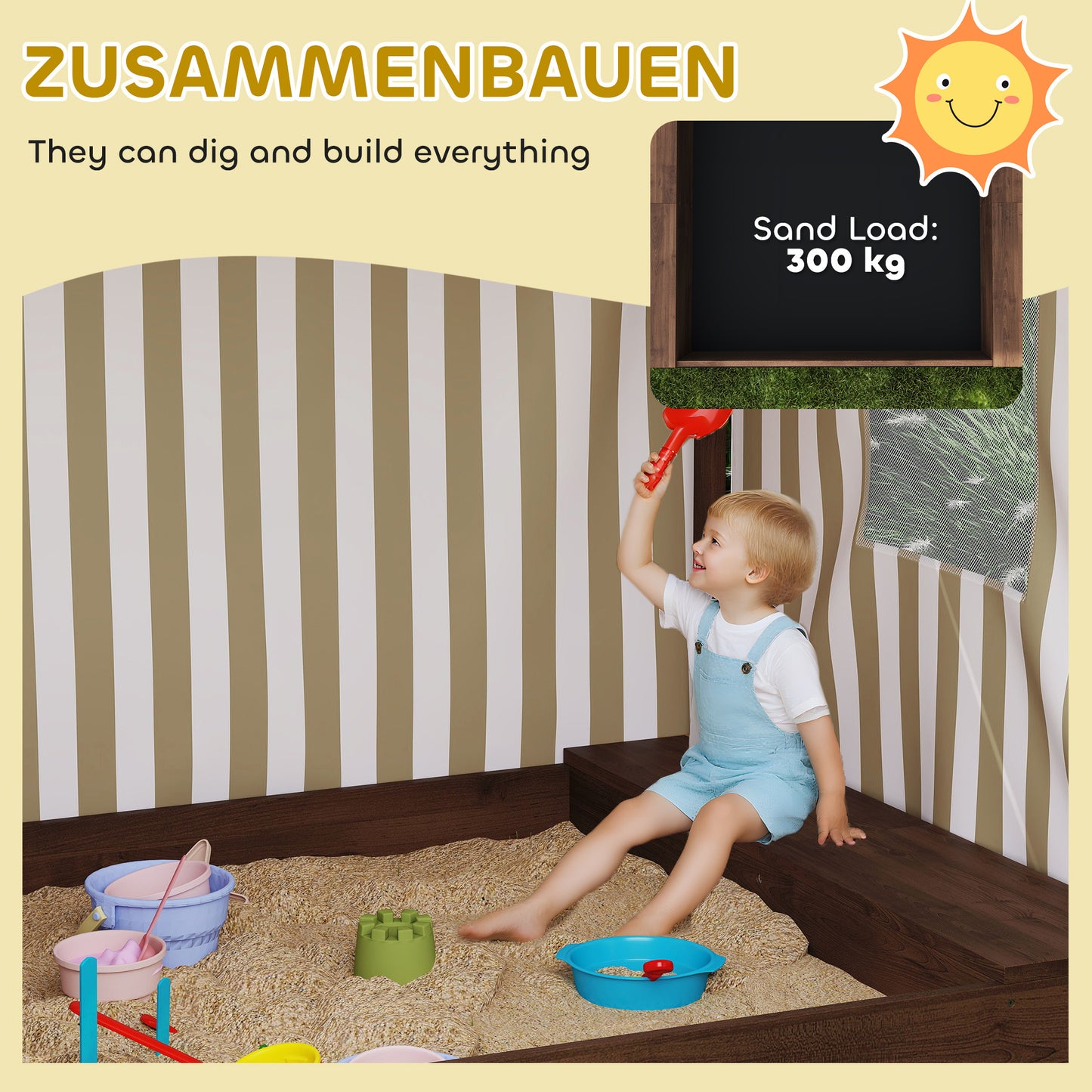 Zandbak – Speelbak – Buitenbak – Kinderspeelplaats – Zandbak Met Dak – Bruin – Met Gaasdeur En Zitbankjes – Weerbestendig En Duurzaam