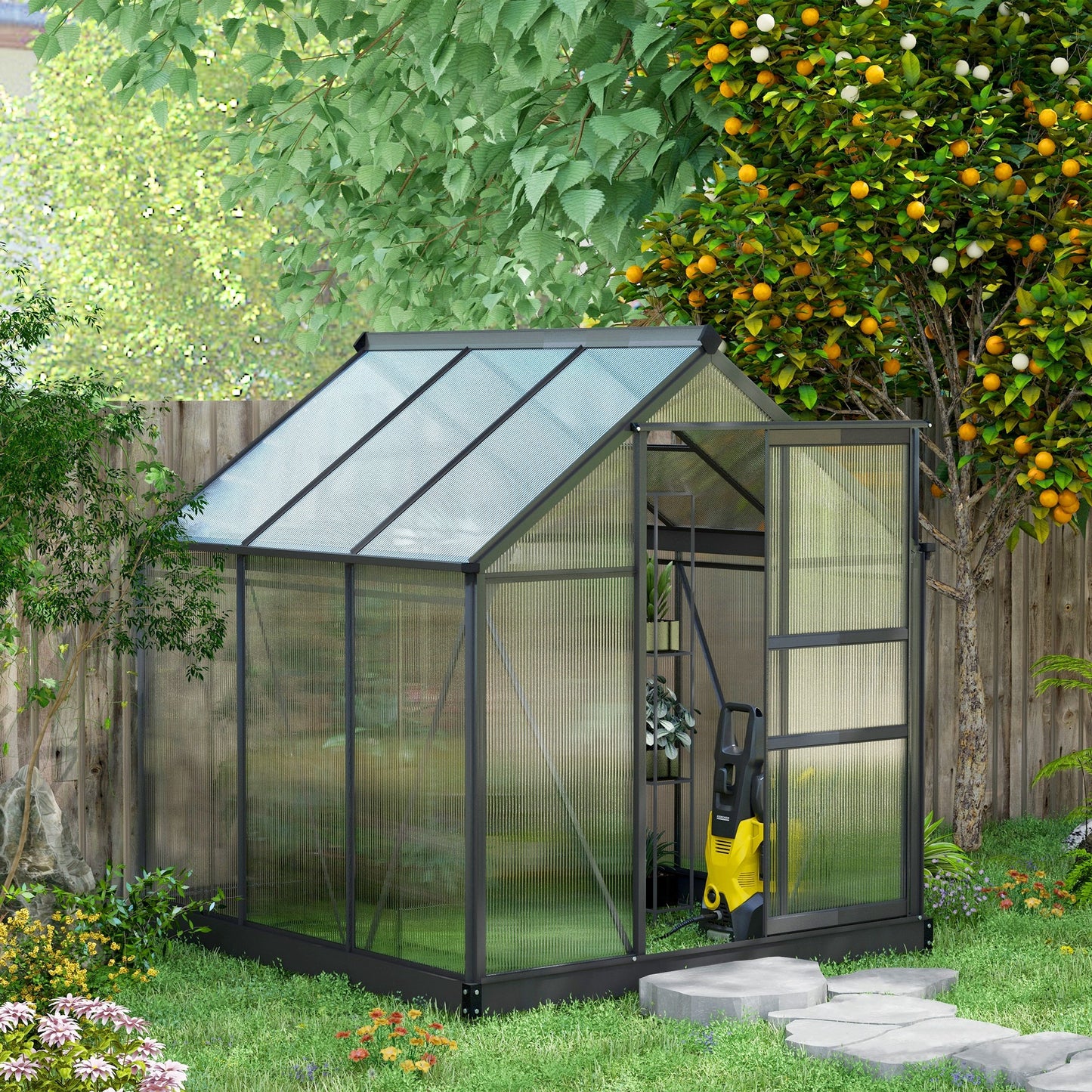 Kweekkas – Tuinkas – Groeikas – Moestuin Kas – Polycarbonaat Kas – Grijs – Aluminium Frame – UV-Bestendig – Inclusief Dakventilatie en Schuifdeur – 190x192x201 cm – Versterkte Stalen Basis
