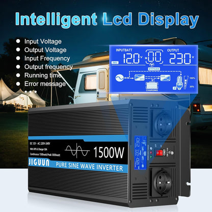 JIGUUN 1500W omvormer 12v naar 230v zuivere sinus met 30A lader en net prioriteit circuit en UPS, 2 EU-stopcontacten, draadloze afstandsbediening en LCD-display piekvermogen 3000W