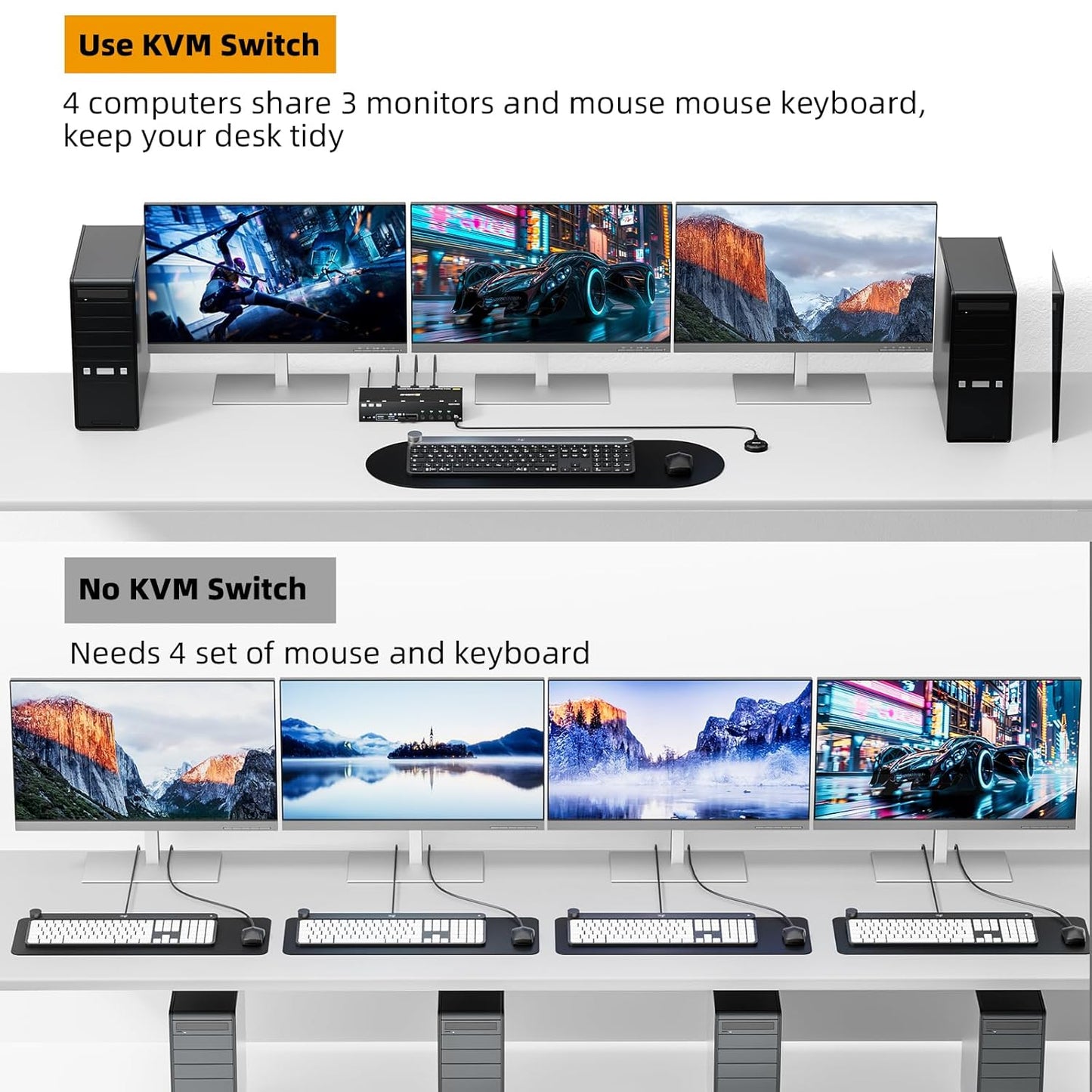 KVM Switch 3 monitoren 4 pc's, 2 DisplayPort + 1 HDMI USB 3.0 KVM-schakelaar, ondersteunt 4K @60 Hz voor 3 computers die 2 DP-monitoren, toetsenbord en muis delen
