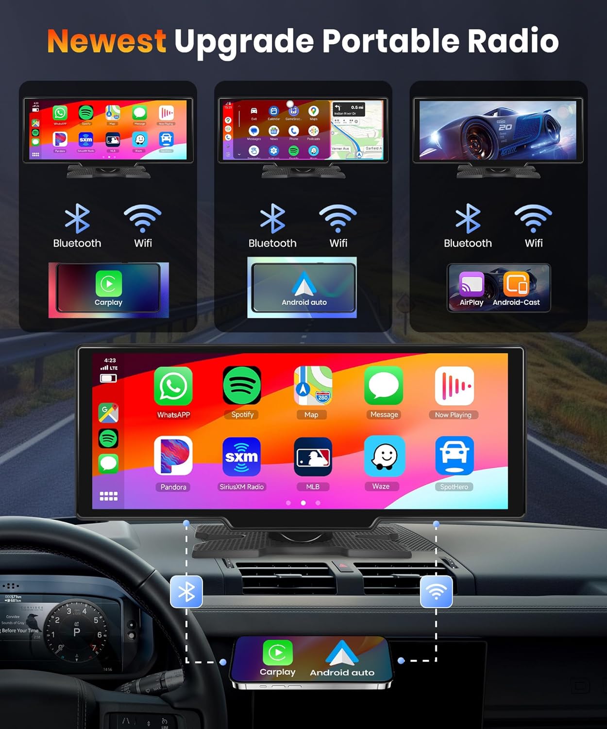 Podofo 10.26''draagbare autoradio touchscreen draadloos Carplay Android Auto Bluetooth/FM-zender/AUX Spraakassistent met achteruitrijcamera DC 7-32v