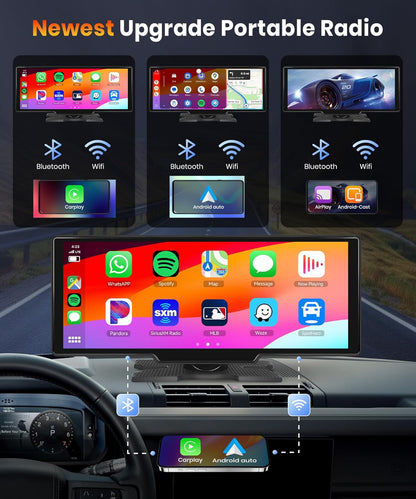 Podofo 10.26''draagbare autoradio touchscreen draadloos Carplay Android Auto Bluetooth/FM-zender/AUX Spraakassistent met achteruitrijcamera DC 7-32v