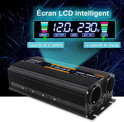 Yinleader Spanningstransformator 12 V naar 220 V, 1500 W / 3000 W, wisselrichter voor auto met gemodificeerde sinusgolf, met display, dual EU-stekker, USB