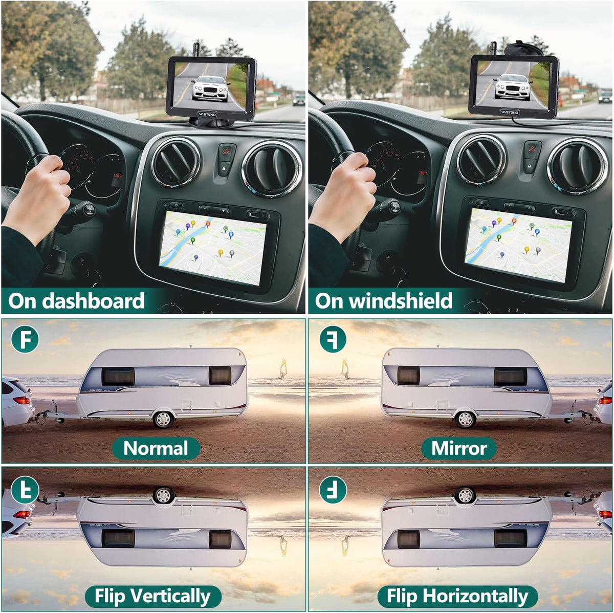 achteruitrijcamera Draadloze HD 1080P autocamera, 5'' monitor, gesplitst scherm 2 kanalen, waterdichte nachtzicht achteruitrijcamera set voor auto, SUV, personenauto (V02)