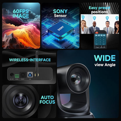 Camerasysteem voor vergaderruimte, draadloos, 5,8 GHz, PTZ-camera 3 x 60 fps met bluetooth-microfoon, bereik van 50 voet, met zoom, Skype, OBS - eenvoudig te installeren en online vergaderingen