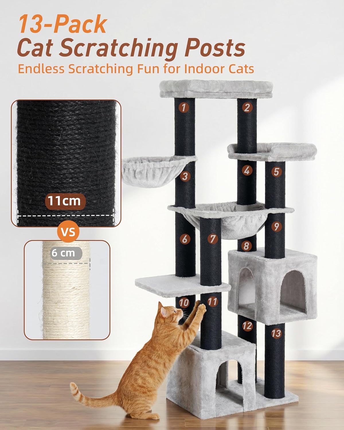 Krabpaal groot, 164 cm krabpaal voor grote katten, stabiel met 11 cm D-stammen, 2 hangmatten, 2 pluche platforms, 2 holletjes, meerlaagse kattenboom voor grote katten zoals Maine-Coon-kat