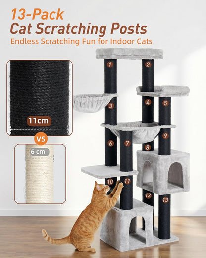 Krabpaal groot, 164 cm krabpaal voor grote katten, stabiel met 11 cm D-stammen, 2 hangmatten, 2 pluche platforms, 2 holletjes, meerlaagse kattenboom voor grote katten zoals Maine-Coon-kat