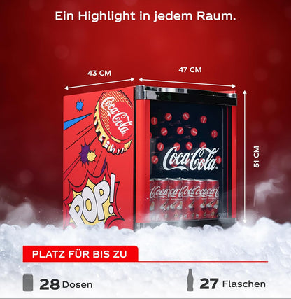 °CUBES Originele Coca-Cola PopArt mini-koelkast, rood, 48 liter, drankkoelkast met glazen deur, stil en energiezuinig, perfect voor kantoor, feestjes en gaming, coole flessenkoelkast, voor dranken