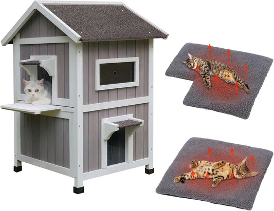 HiCaptain Weerbestendig kattenhuis voor buiten, 2 verdiepingen tellend wild kattenhuis met balkon en vluchtdeur, buiten houten schuilplaats voor kleine dieren, grijs