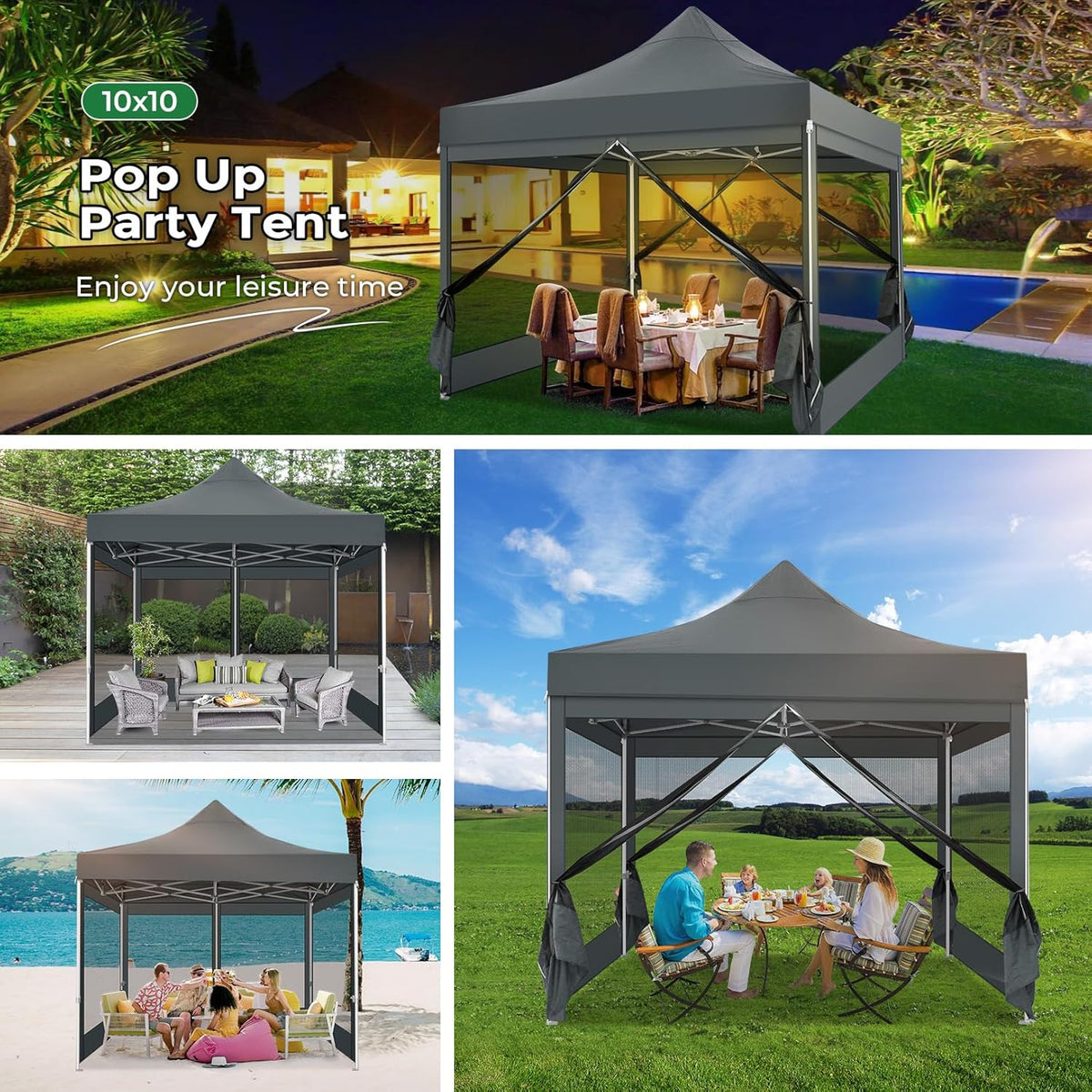 TOOLUCK Heavy Duty pop-up luifeltent met 4 zijwanden, commercieel tuinhuisje, feesttent met klamboe, muur, eenvoudig op te zetten, outdoor instantschermtent voor achtertuin, terras, tuin, grijs
