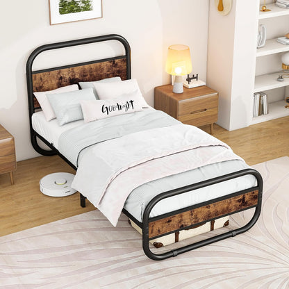 HOMERECOMMEND 3ft eenpersoons bedframe met hoofdeinde, ovaalvormig platformbed met opbergruimte onder het bed, stalen latten matrasbodem met rond pijpontwerp, bruin