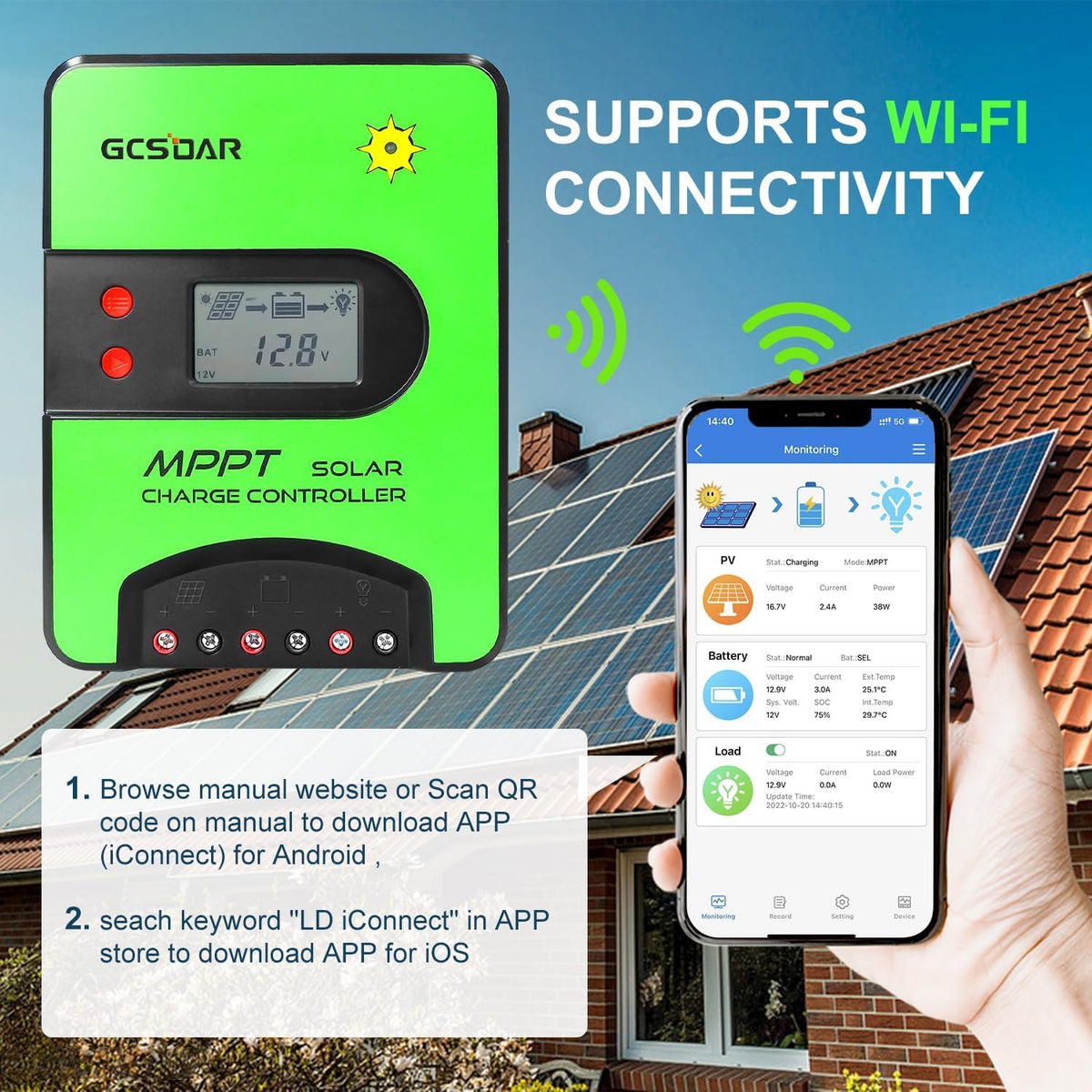 30A MPPT Solar Charge Controller 12V/24V Automatische Maximale PV 100V Laadregelaar Ingebouwde Wifi Adapter met LCD-scherm voor Gel-verzegelde Onderdompeling AGM en Li-Ion Batterijen (WIFI)