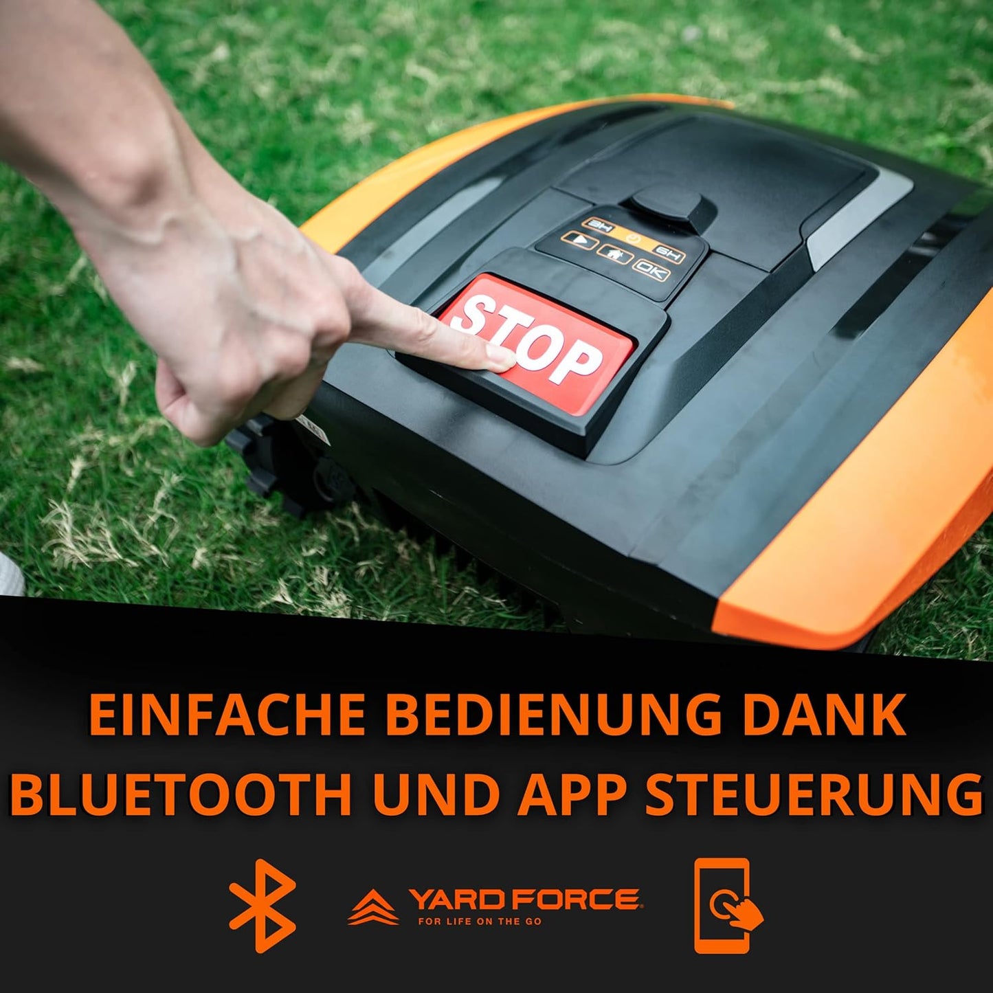 Yard Force EasyMow 260B Robotmaaier, tot 260 m², zelfrijdende robotmaaier, eenvoudige bediening, bediening via Bluetooth en app, 30% helling en 20 V/2,0 Ah lithium-ion-accu,zwart/oranje