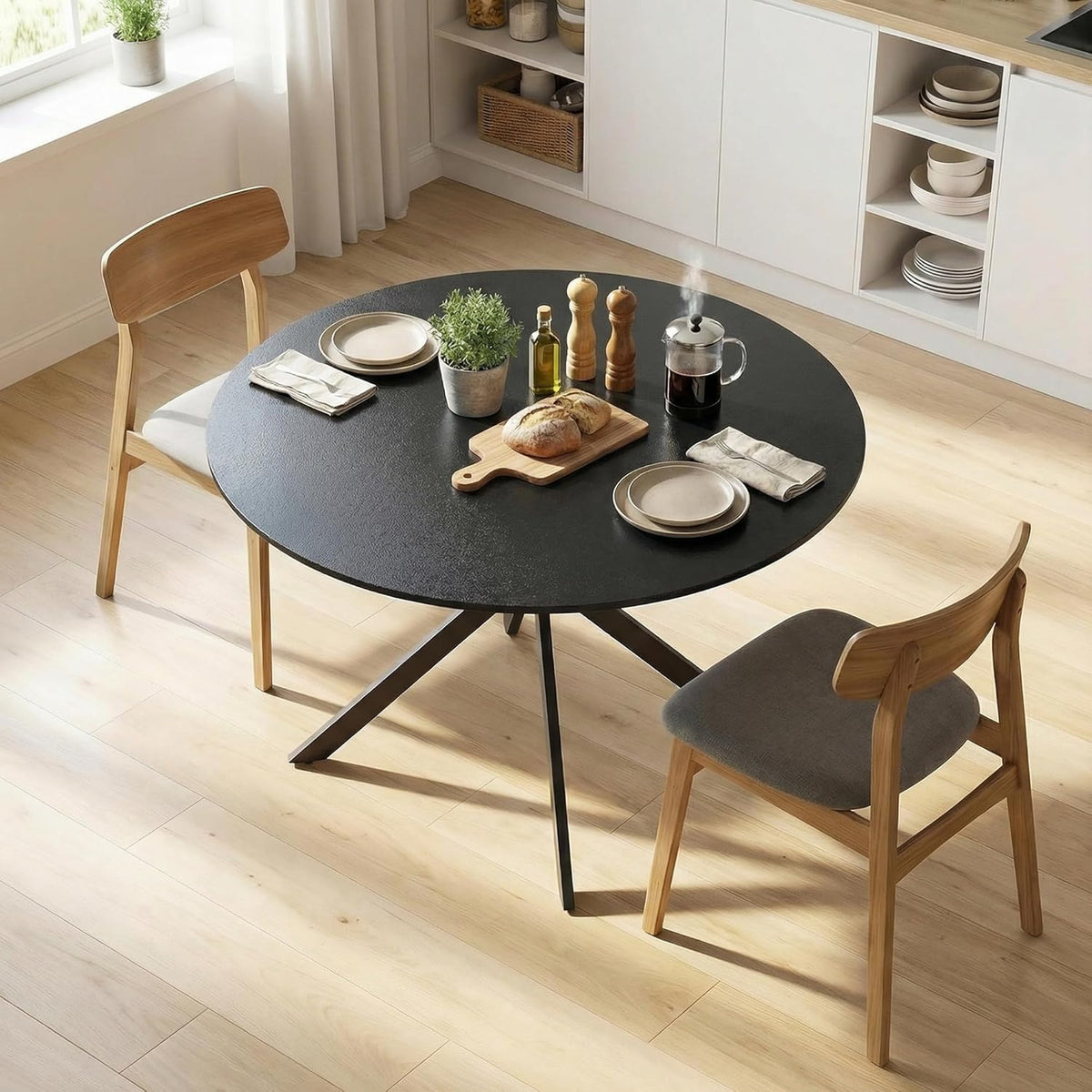 Ronde Eettafel – Eettafel Rond – Keukentafel – Tafel Voor 4 Personen – Industriële Eettafel – Ø120 cm – Krasbestendig Melamine – Verstelbare Stalen Poten