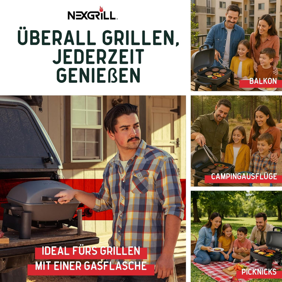 Nexgrill Gas Barbecue, Small and Portable, Up to 300 Degrees, Gas Table Barbecue for Balcony and Camping, Small Grill with Lid, Cast Iron Grate, 3.1 kW Stainless Steel Burner, Piezo Ignition - QUORE