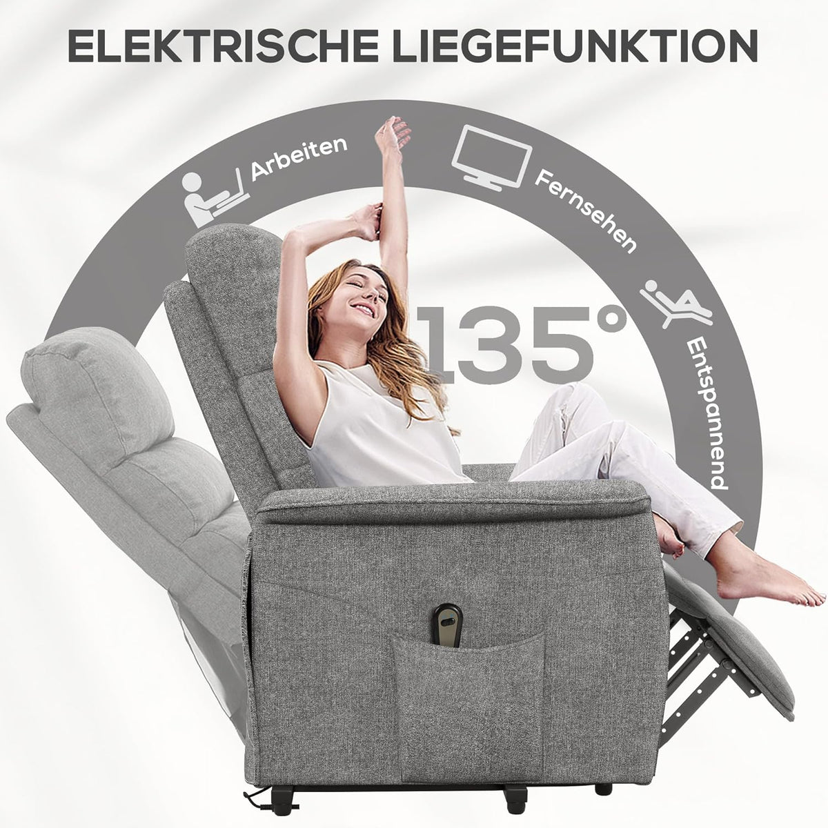 Elektrische TV-Stoel – Relaxstoel – Seniorenstoel – Opstaanstoel – Verstelbare Fauteuil – Elektrische Opstahulp – Verstelbare Rugleuning Tot 135° – Ademend Linnenlook Materiaal