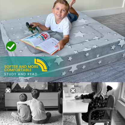 MeMoreCool Kindersofabed, Modulaire Peuterbank, Oplichtende Sterren Kinderstoel Lounger Opklapbaar, Baby Mini Bank Slaapkamermeubilair voor Speelkamer, Grijze Ster