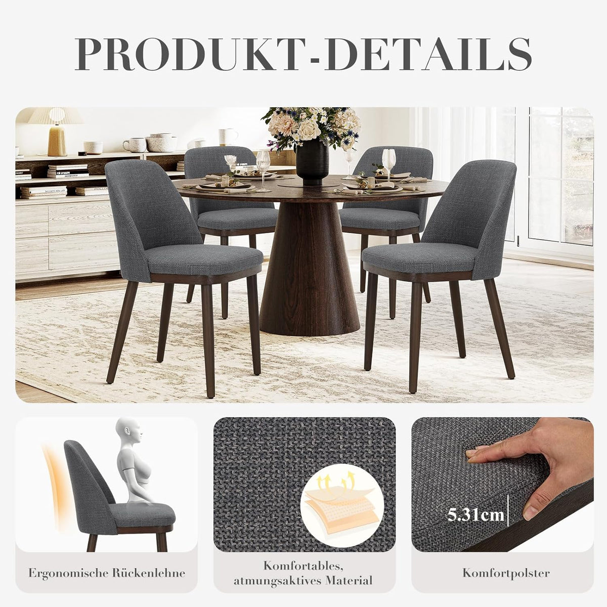 COLAMY Set van 4 gestoffeerde eetkamerstoelen, moderne keukenstoelen met rugleuning, stoffen stoel met houten poten voor eetkamer, keuken, restaurant, lichtgrijs