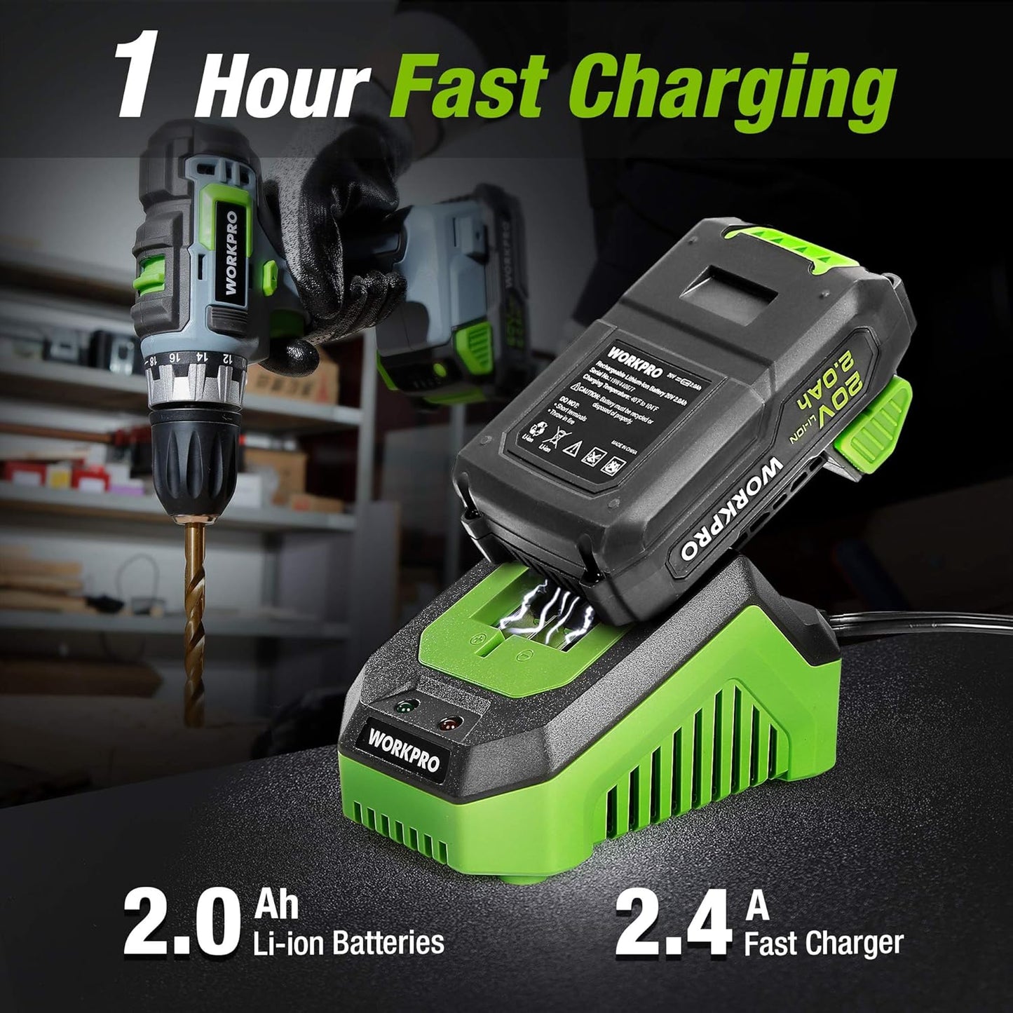 WORKPRO 2-piece cordless screwdriver impact screwdriver set 20 V 2.0 Ah, 2 batteries and charger incl. - QUORE