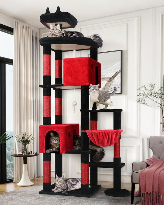 Globlazer Cat tree gothic Black Red large xxl tall 213cm with 2 cat house large platform padded Seat Rod Basket scratching post Sisal, luxury Cat tree stable for 3-5 large cats (F83, Gothic)