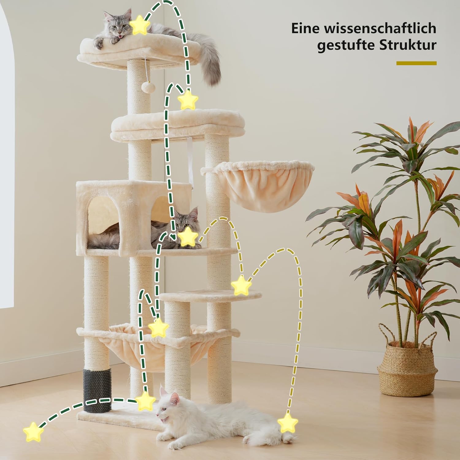 Krabpaal – Kattenboom – Kattenmeubel – Krabmeubel – Krabton – Extra Groot – 168 cm Hoog – 11 cm Sisal Palen – Grote Hangmatten – Beige - QUORE