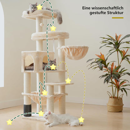 Krabpaal – Kattenboom – Kattenmeubel – Krabmeubel – Krabton – Extra Groot – 168 cm Hoog – 11 cm Sisal Palen – Grote Hangmatten – Beige - QUORE