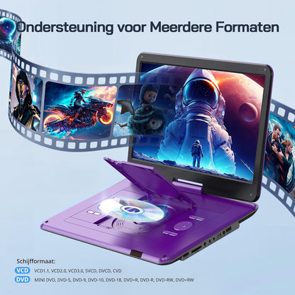 WOLFANG Draagbare dvd-speler met 15,6 inch groot HD-display, 5000 mAh batterij, geen regionale beperking, twee stereoluidsprekers, ondersteunt USB/SD-kaart/sync-tv/projector, lila