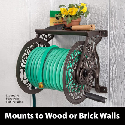 Liberty GARDEN 704 Decorative Cast Aluminum Wall Mount Garden Hose Reel, Holds 125-Feet of 5/8-Inch Hose - Bronze